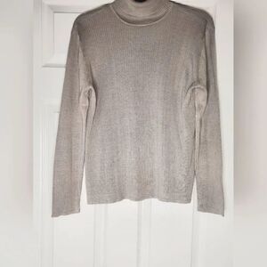 August Silk MP Ecru Beige Lngslv 100% SILK Ribbed Turtleneck Women's Sweater